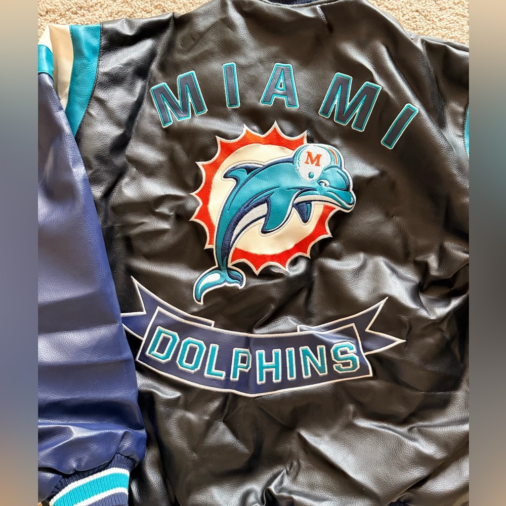 New with tags! NFL Team Apparel Miami Dolphins Faux Leather Bomber Jacket - Picture 4 of 9